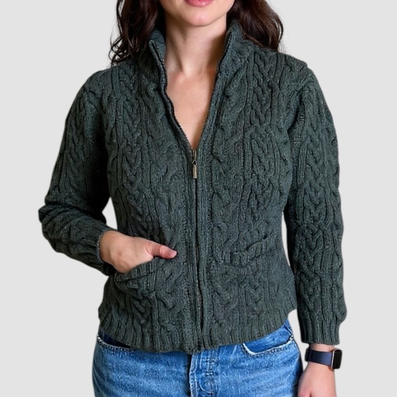 Vintage Inis Crafts 100% Merino Wool Cable Knit Full Zip Sweater - Green - S - Picture 10 of 10